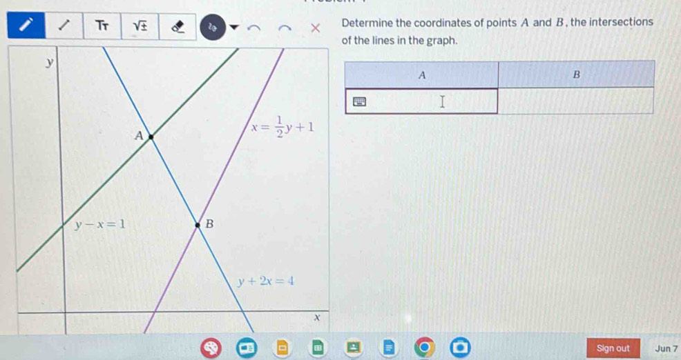 Tr sqrt(± ) l × Determine the coordinates of points A and B , the intersections
he lines in the graph.
Sign out Jun 7