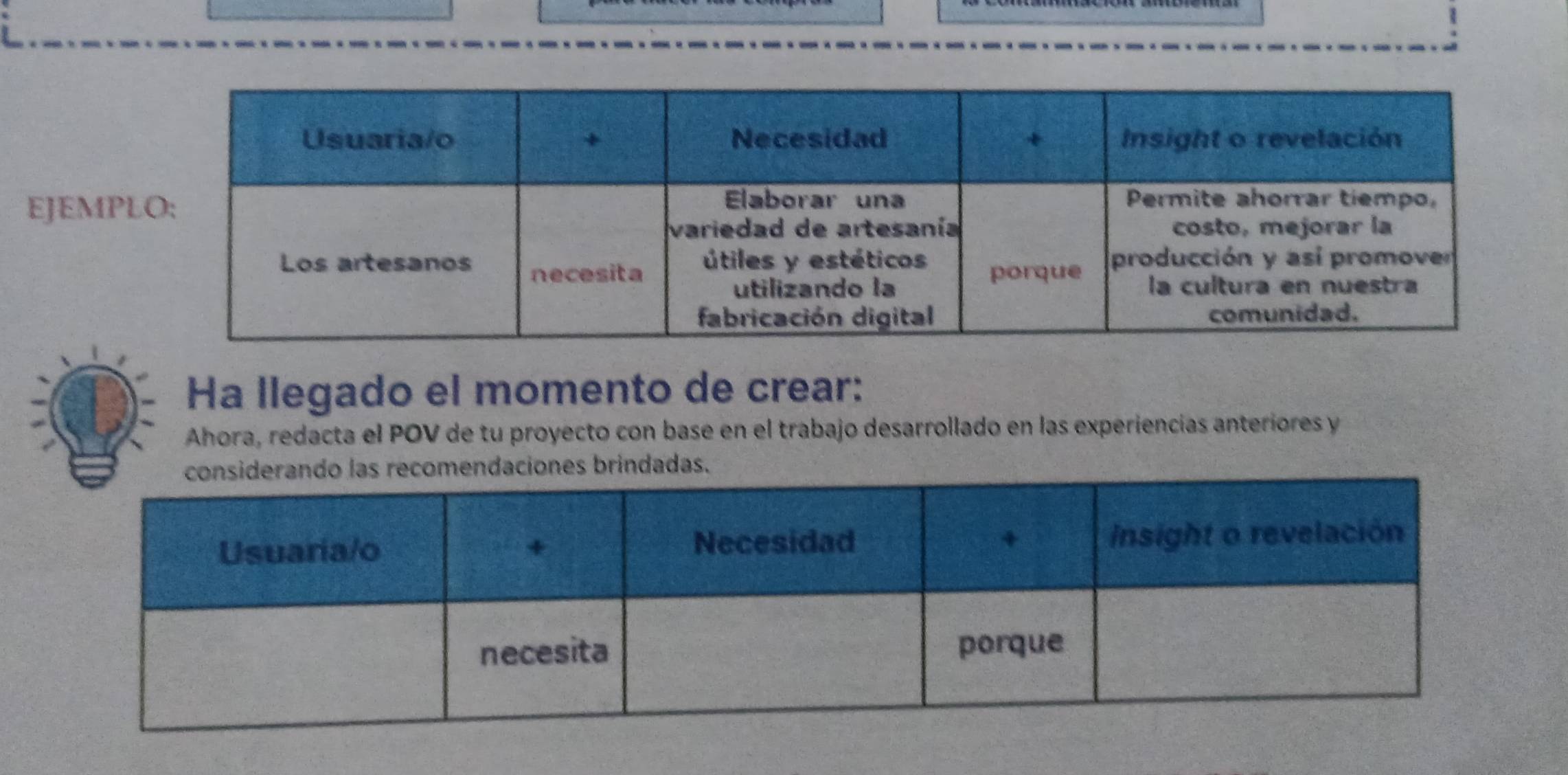 EJEMP 
Ha llegado el momento de crear: 
Ahora, redacta el POV de tu proyecto con base en el trabajo desarrollado en las experiencías anteriores y