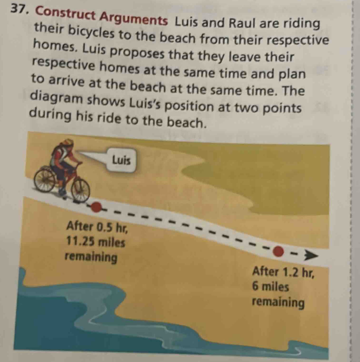 Construct Arguments Luis and Raul are riding 
their bicycles to the beach from their respective 
homes. Luis proposes that they leave their 
respective homes at the same time and plan 
to arrive at the beach at the same time. The 
diagram shows Luis's position at two points 
during his ride to the beach. 
Luis 
After 0.5 hr,
11.25 miles
remaining After 1.2 hr,
6 miles
remaining