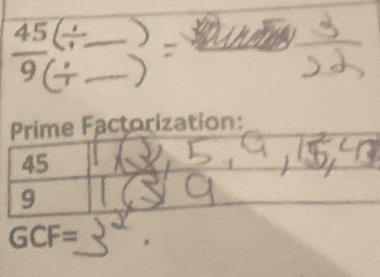  45/9 beginarrayr (/ __ 
Prime Factorization:
45 h
9
_
GCF=