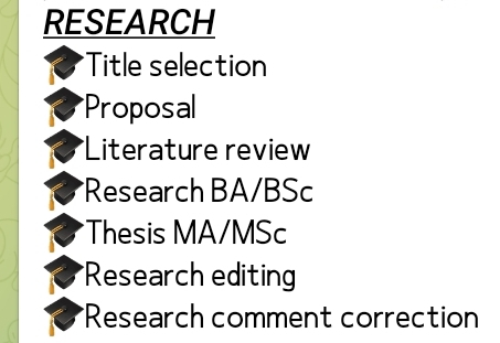 RESEARCH 
Title selection 
*Proposal 
*Literature review 
*Research BA/BSc 
Thesis MA/MSc 
*Research editing 
*Research comment correction