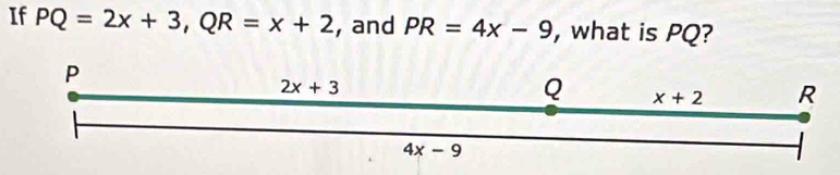 If PQ=2x+3,QR=x+2 , and PR=4x-9 , what is PQ?