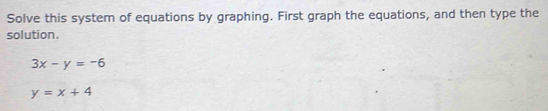 Solve this system of equations by graphing. First graph the equations, and then type the
solution.
3x-y=-6
y=x+4