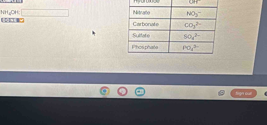 Hyaroxide OH^-
NH_4 OH: 
DONE
Sign out