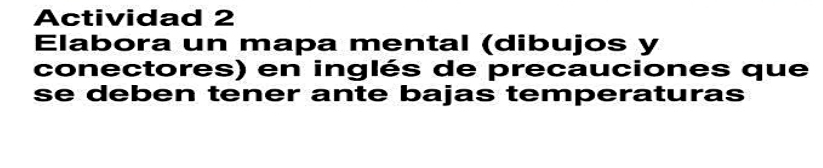 Actividad 2 
Elabora un mapa mental (dibujos y 
conectores) en inglés de precauciones que 
se deben tener ante bajas temperaturas