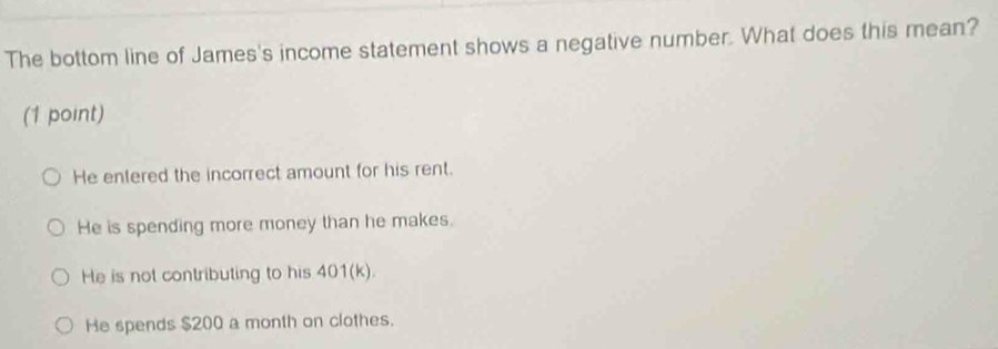 The bottom line of James's income statement shows a negative number. What does this mean?
(1 point)
He entered the incorrect amount for his rent.
He is spending more money than he makes.
He is not contributing to his 401(k).
He spends $200 a month on clothes.