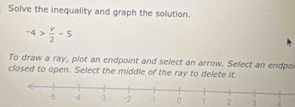 Solve the inequality and graph the solution.
-4> v/2 -5
To draw a ray, plot an endpoint and select an arrow. Select an endpoi 
closed to open. Select the middle of the ray to delete it.
2 3 4