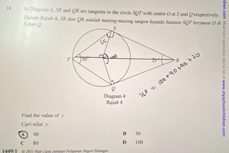 In Diagram 4, SR and QR are tangents to the circle SQT with centre O at S and Q respectively.
Dalam Rajah 4, SR dan QR adalah masing-masing tangen kepada bulatan SQT berpusat O di
S dan Q.
Find the value of y.
Cari nilai y.
A  40 B 50
C 80 D 100
1449/1 , © 2011 Hak Cipta Jabatan Pelajaran Negeri Selangor