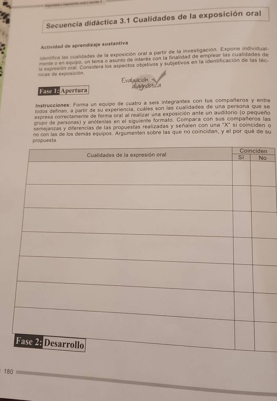 Secuencia didáctica 3.1 Cualidades de la exposición oral 
Actividad de aprendizaje sustantiva 
Identifica las cualidades de la exposición oral a partir de la investigación. Expone individual. 
mente o en equipo, un tema o asunto de interés con la finalidad de emplear las cualidades de 
la expresión oral. Considera los aspectos objetivos y subjetivos en la identificación de las téc 
nicas de exposición. 
Evaluación 
Fase 1: Apertura diagnóstica 
Instrucciones: Forma un equipo de cuatro a seis integrantes con tus compañeros y entre 
todos definan, a partir de su experiencia, cuáles son las cualidades de una persona que se 
expresa correctamente de forma oral al realizar una exposición ante un auditorio (o pequeño 
grupo de personas) y anótenlas en el siguiente formato. Compara con sus compañeros las 
semejanzas y diferencias de las propuestas realizadas y señalen con una “ X ” si coinciden o 
no con las de los demás equipos. Argumenten sobre las que no coincidan, y el por qué de su 
n 
o
180