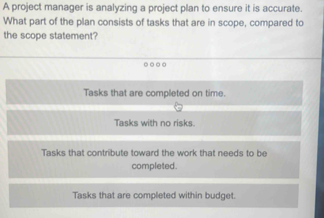 Solved: A project manager is analyzing a project plan to ensure it is ...
