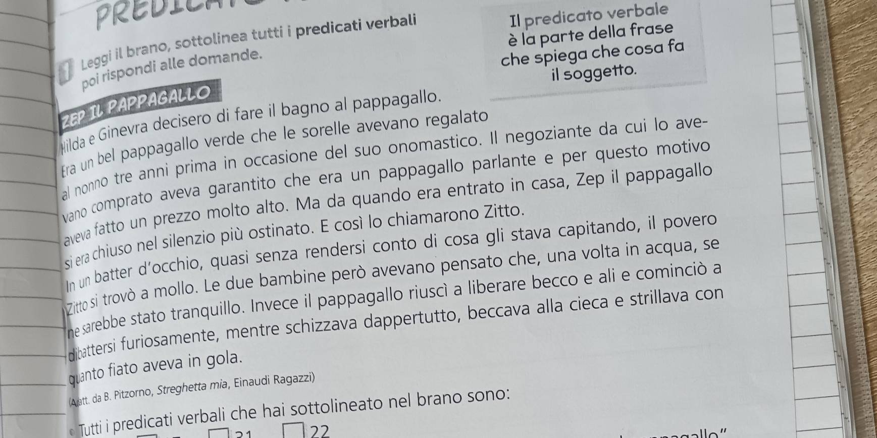 PREDICA 
Leggi il brano, sottolinea tutti i predicati verbali 
Il predicato verbale 
è la parte della frase 
poi rispondi alle domande. 
che spiega che cosa fa 
il soggetto. 
ZEPIL PAPPAGALLO 
Hilda e Ginevra decisero di fare il bagno al pappagallo. 
Era un bel pappagallo verde che le sorelle avevano regalato 
al nonno tre anni prima in occasione del suo onomastico. Il negoziante da cui lo ave- 
vano comprato aveva garantito che era un pappagallo parlante e per questo motivo 
aveva fatto un prezzo molto alto. Ma da quando era entrato in casa, Zep il pappagallo 
si era chiuso nel silenzio più ostinato. E così lo chiamarono Zitto. 
In un batter d’occhio, quasi senza rendersi conto di cosa gli stava capitando, il povero 
Zitto si trovò a mollo. Le due bambine però avevano pensato che, una volta in acqua, se 
ne sarebbe stato tranquillo. Invece il pappagallo riuscì a liberare becco e ali e cominció a 
dibattersi furiosamente, mentre schizzava dappertutto, beccava alla cieca e strillava con 
quanto fiato aveva in gola. 
(Aratt. da B. Pitzorno, Streghetta mia, Einaudi Ragazzi) 
● Tutti i predicati verbali che hai sottolineato nel brano sono: 
21 
22