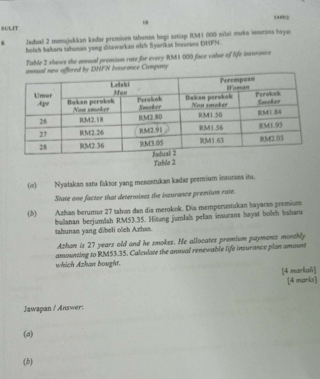 1449/2 
10 
SULIT 
6 Jadual 2 menujukkan kadar premium tahunan bagi setiap RM1 000 nilai muka insurans hayat 
bolch baharu tahunan yang ditawarkan olch Syarikat Insurans DHFN. 
Table 2 shows the annual premium rate for every RM1 000 face value of life insurance 
d by DHFN Insurance Company 
Table 2 
(@) Nyatakan satu faktor yang menentukan kadar premium insurans itu. 
State one factor that determines the insurance premium rate. 
(b) Azhan berumur 27 tahun dan dia merokok. Dia memperuntukan bayaran premium 
bulanan berjumlah RM53.35. Hitung jumlah pelan insurans hayat boleh baharu 
tahunan yang dibeli oleh Azhan. 
Azhan is 27 years old and he smokes. He allocates premium payments monthly 
amounting to RM53.35. Calculate the annual renewable life insurance plan amount 
which Azhan bought. 
[4 markah] 
[4 marks] 
Jawapan / Answer: 
(a) 
(b)