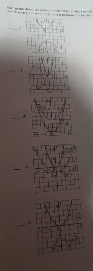 Each graph shows the parent function f(x)=x^2 and a transfo
Match each graph with the correct transformation function
_1. 
_2.
_
3.
_
4.
_5.