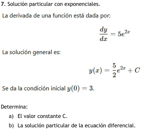 Solución particular con exponenciales.
La derivada de una función está dada por:
 dy/dx =5e^(2x)
La solución general es:
y(x)= 5/2 e^(2x)+C
Se da la condición inicial y(0)=3. 
Determina:
a) El valor constante C.
b) La solución particular de la ecuación diferencial.