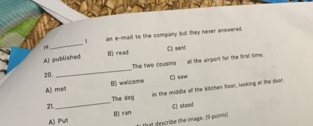 an e-mail to the company but they never answered.
19
_
A) published B) read C) sent
The two cousins at the airport for the first time.
20.
_
A) met B) welcome C) saw
_
The dog in the middle of the kitchen floor, looking at the door.
21. C) stood
A) Put B) ran
that describe the image. (9 points)