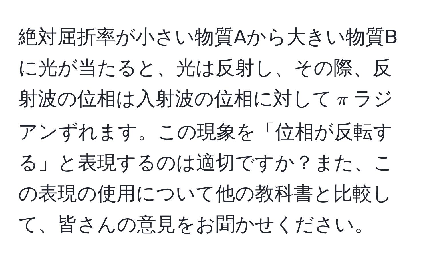 絶対屈折率が小さい物質Aから大きい物質Bに光が当たると、光は反射し、その際、反射波の位相は入射波の位相に対して$π$ラジアンずれます。この現象を「位相が反転する」と表現するのは適切ですか？また、この表現の使用について他の教科書と比較して、皆さんの意見をお聞かせください。