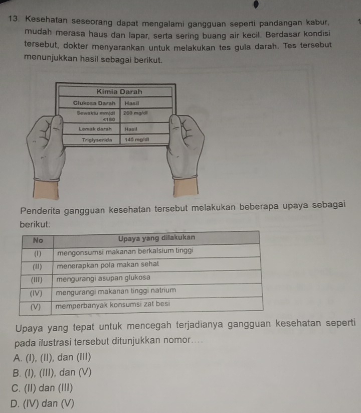 Kesehatan seseorang dapat mengalami gangguan seperti pandangan kabur, 1
mudah merasa haus dan lapar, serta sering buang air kecil. Berdasar kondisi
tersebut, dokter menyarankan untuk melakukan tes gula darah. Tes tersebut
menunjukkan hasil sebagai berikut.
Penderita gangguan kesehatan tersebut melakukan beberapa upaya sebagai
berikut:
Upaya yang tepat untuk mencegah terjadianya gangguan kesehatan seperti
pada ilustrasi tersebut ditunjukkan nomor....
A. (I), (II), dan (III)
B. (I), (III), dan (V)
C. (II) dan (III)
D. (IV) dan (V)