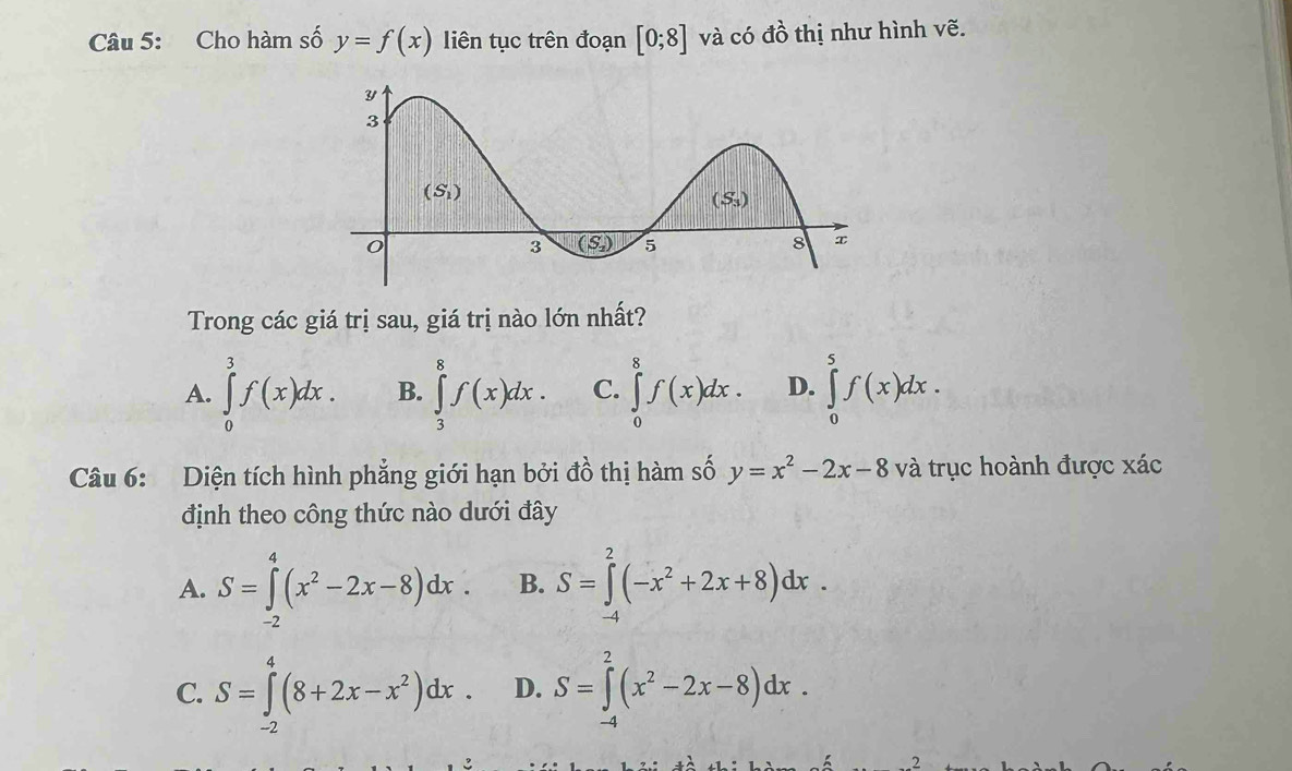 Cho hàm số y=f(x) liên tục trên đoạn [0;8] và có đồ thị như hình vẽ.
Trong các giá trị sau, giá trị nào lớn nhất?
A. ∈tlimits _0^(3f(x)dx. B. ∈tlimits _3^8f(x)dx. C. ∈tlimits _0^8f(x)dx. D. ∈tlimits _0^5f(x)dx. 
Câu 6: Diện tích hình phẳng giới hạn bởi đồ thị hàm số y=x^2)-2x-8 và trục hoành được xác
định theo công thức nào dưới đây
A. S=∈tlimits _(-2)^4(x^2-2x-8)dx. B. S=∈tlimits _(-4)^2(-x^2+2x+8)dx.
C. S=∈tlimits _(-2)^4(8+2x-x^2)dx. D. S=∈tlimits _(-4)^2(x^2-2x-8)dx. 
2