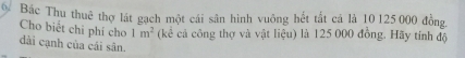 Bác Thu thuê thợ lát gạch một cái sân hình vuông hết tất cá là 10 125 000 đồng. 
Cho biết chi phí cho 1m^2 (kể cả công thợ và vật liệu) là 125 000 đồng. Hãy tính độ 
dài cạnh của cái sân.