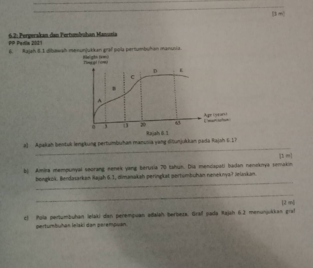 [3 m] 
6.2: Pergerakan dan Pertumbuhan Manusia 
PP Pedis 2021 
6. Rajah 6.1 dibawah menunjukkan graf pola pertumbuhan manusia. 
_ 
a) Apakah bentuk lengkung pertumbuhan manusia yang ditunjukkan pada Rajah 6.1? 
[1 m] 
b) Amira mempunyal seorang nenek yang berusia 70 tahun. Dia mendapati badan neneknya semakin 
_ 
bongkok. Berdasarkan Rajah 6.1, dimanakah peringkat pertumbuhan neneknya? Jelaskan. 
_ 
[2 m] 
c) Pola pertumbuhan lelaki dan perempuan adalah berbeza, Graf padə Rajah 6.2 menunjukkan graf 
pertumbuhan lelaki dan perempuan.