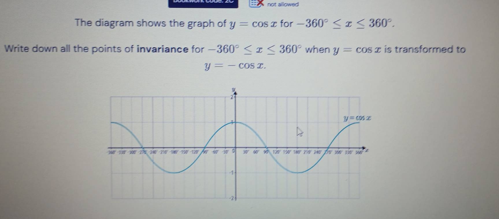 not allowed
The diagram shows the graph of y=cos x for -360°≤ x≤ 360°.
Write down all the points of invariance for -360°≤ x≤ 360° when y=cos x is transformed to
y=-cos x.