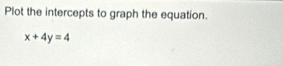 Plot the intercepts to graph the equation.
x+4y=4