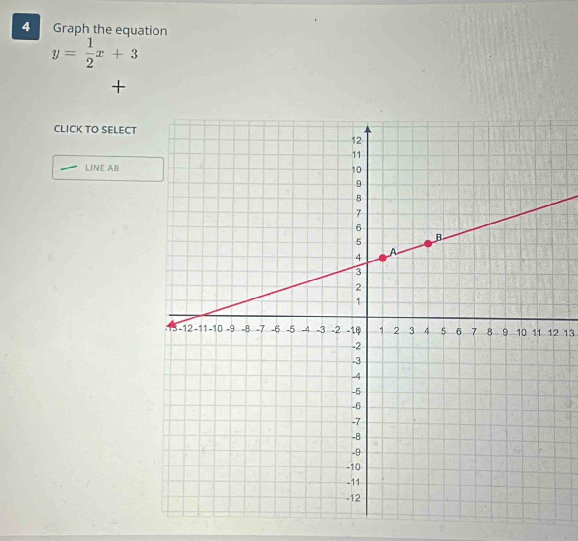 Graph the equation
y= 1/2 x+3
+ 
CLICK TO SELECT 
LINE AB
2 13