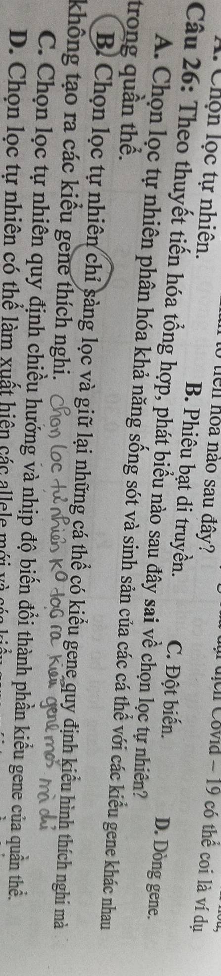 tên hoa nào sau đây?
Tuại dịch Covid - 19 có thể coi là ví du
1. Chộn lọc tự nhiên. B. Phiêu bạt di truyền. C. Đột biến.
Câu 26: Theo thuyết tiến hóa tổng hợp, phát biểu nào sau đây sai về chọn lọc tự nhiên?
D. Dòng gene.
A. Chọn lọc tự nhiên phân hóa khả năng sống sót và sinh sản của các cá thể với các kiểu gene khác nhau
trong quần thể.
B. Chọn lọc tự nhiên chỉ sàng lọc và giữ lại những cá thể có kiểu gene quy định kiểu hình thích nghi mà
không tạo ra các kiểu gene thích nghi.
C. Chọn lọc tự nhiên quy định chiều hướng và nhịp độ biến đổi thành phần kiểu gene của quần thể.
D. Chọn lọc tự nhiên có thể làm xuất hiện các allele mới và