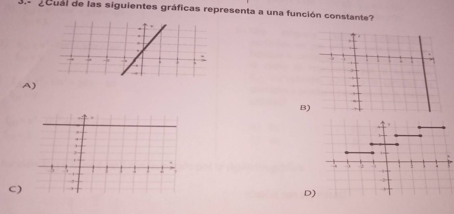 3.- ¿Cual de las siguientes gráficas representa a una función constante?

A)
B)

C)
D)