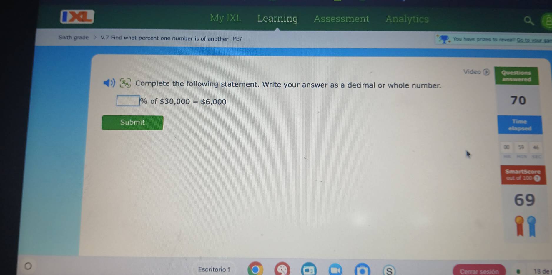 My IXL Learning Assessment Analytics 
Sixth grade V.7 Find what percent one number is of another PE7 
You have prizes to reveal! Go to your gan 
Video ⑤ Questions 
answered 
Complete the following statement. Write your answer as a decimal or whole number.
% of $30,000=$6,000
70
Submit Time 
elapsed 
5 46 
SmartScore 
out of 100 1 
69 
Escritorio 1 
Cerrar sesión 18 de