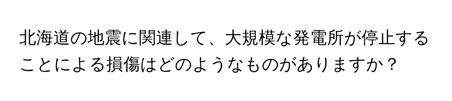 北海道の地震に関連して、大規模な発電所が停止することによる損傷はどのようなものがありますか？