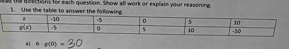 kead the directions for each question. Show all work or explain your reasoning.
1. Use the table to answer the followin
a) 6· g(0)=