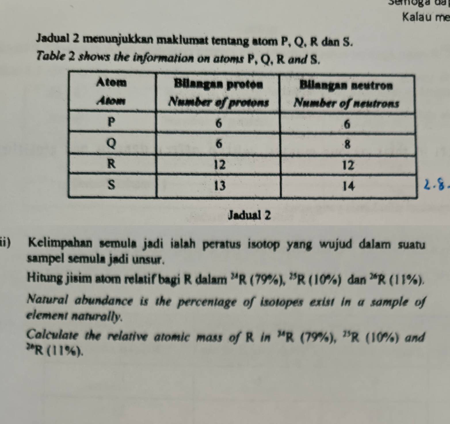 Semoga da 
Kalau me 
Jadual 2 menunjukkan makiumat tentang atom P, Q, R dan S. 
Table 2 shows the information on atoms P, Q, R and S. 
Jadual 2 
ii) Kelimpahan semula jadi ialah peratus isotop yang wujud dalam suatu 
sampel semula jadi unsur. 
Hitung jisim atom relatif bagi R dalam^(24)R(79% ), ^25R(10% )dan^(26)R (11% )
Natural abundance is the percentage of isotopes exist in a sample of 
element naturally. 
Calculate the relative atomic mass of R in^(34)R(79% ), ^25R (10 /_9 ) and^(26)R (11%).