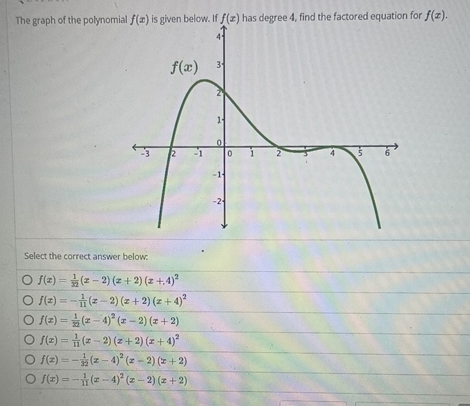 The graph of the polynomial f(x) is given below. If f(x) has degree 4, find the factored equation for f(x).
Select the correct answer below:
f(x)= 1/32 (x-2)(x+2)(x+4)^2
f(x)=- 1/11 (x-2)(x+2)(x+4)^2
f(x)= 1/32 (x-4)^2(x-2)(x+2)
f(x)= 1/11 (x-2)(x+2)(x+4)^2
f(x)=- 1/32 (x-4)^2(x-2)(x+2)
f(x)=- 1/11 (x-4)^2(x-2)(x+2)