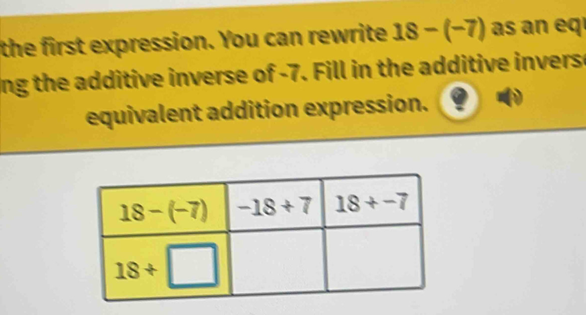 the first expression. You can rewrite 18-(-7) as  n eqí
ing the additive inverse of -7. Fill in the additive inverse
equivalent addition expression.