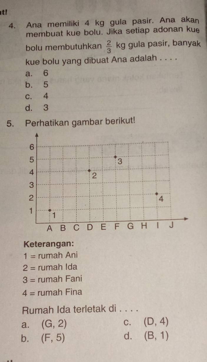 at!
4. Ana memiliki 4 kg gula pasir. Ana akan
membuat kue bolu. Jika setiap adonan kue
bolu membutuhkan  2/3 kg gula pasir, banyak
kue bolu yang dibuat Ana adalah . . . .
a. 6
b. 5
c. 4
d. 3
5. Perhatikan gambar berikut!
Keterangan:
1= rumah Ani
2= rumah Ida
3= rumah Fani
4= rumah Fina
Rumah Ida terletak di . . . .
a. (G,2) C. (D,4)
b. (F,5) d. (B,1)