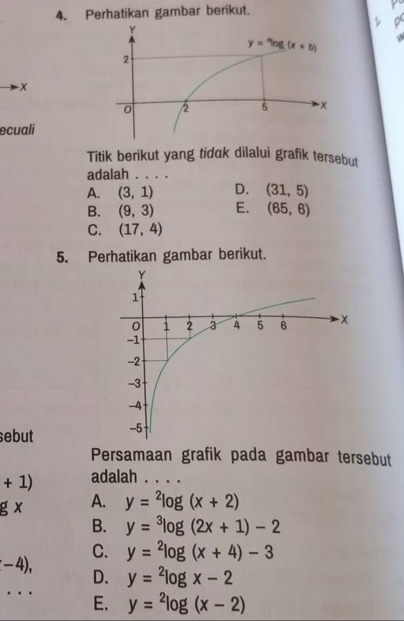 Perhatikan gambar berikut. p
x
ecuali
Titik berikut yang tidak dilalui grafik tersebut
adalah . . . .
D.
A. (3,1) (31,5)
B. (9,3) E. (65,6)
C. (17,4)
5. Perhatikan gambar berikut.
sebut
Persamaan grafik pada gambar tersebut
+1) adalah . . . .
g x A. y=^2log (x+2)
B. y=^3log (2x+1)-2
C. y=^2log (x+4)-3
-4),
D. y=^2log x-2. . . E. y=^2log (x-2)