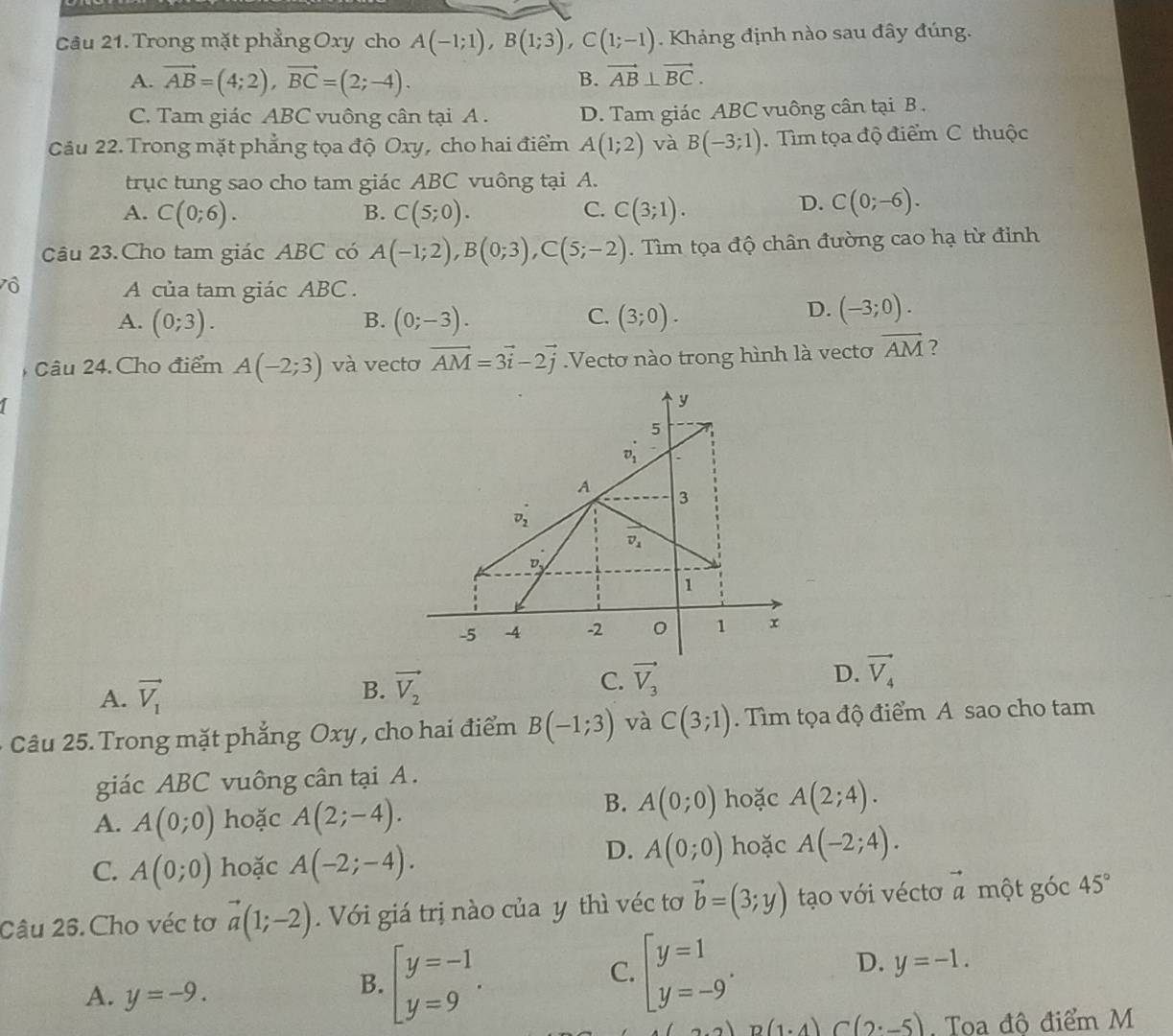 Trong mặt phẳng Oxy cho A(-1;1),B(1;3),C(1;-1). Khảng định nào sau đây đúng.
A. vector AB=(4;2),vector BC=(2;-4). B. vector AB⊥ vector BC.
C. Tam giác ABC vuông cân tại A . D. Tam giác ABC vuông cân tại B .
Câu 22. Trong mặt phẳng tọa độ Oxy, cho hai điểm A(1;2) và B(-3;1). Tìm tọa độ điểm C thuộc
trục tung sao cho tam giác ABC vuông tại A.
C.
A. C(0;6). B. C(5;0). C(3;1).
D. C(0;-6).
Câu 23.Cho tam giác ABC có A(-1;2),B(0;3),C(5;-2). Tìm tọa độ chân đường cao hạ từ đỉnh
vô
A của tam giác ABC .
C.
A. (0;3). B. (0;-3). (3;0).
D. (-3;0).
Câu 24. Cho điểm A(-2;3) và vectơ vector AM=3vector i-2vector j Vectơ nào trong hình là vecto vector AM ?
1
A. vector V_1 B. vector V_2 C. vector V_3 D. vector V_4
Câu 25. Trong mặt phẳng Oxy , cho hai điểm B(-1;3) và C(3;1). Tìm tọa độ điểm A sao cho tam
giác ABC vuông cân tại A.
A. A(0;0) hoặc A(2;-4).
B. A(0;0) hoặc A(2;4).
C. A(0;0) hoặc A(-2;-4).
D. A(0;0) hoặc A(-2;4).
Câu 26. Cho véc tơ vector a(1;-2). Với giá trị nào của y thì véc tơ vector b=(3;y) tạo với vécto vector a một góc 45°
D. y=-1.
A. y=-9.
B. beginarrayl y=-1 y=9endarray. .
C. beginarrayl y=1 y=-9endarray. .
p(1· 4)C(2· -5) Toa độ điểm M