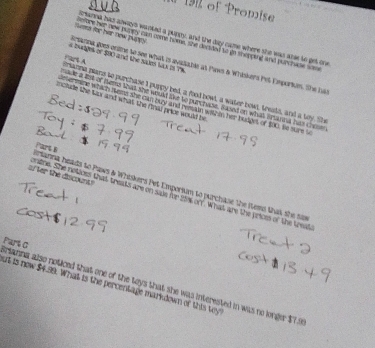 191 of Promis 
s tanna has adways wanked a plinmy, and the day came where she was are to get one 
sems for her now lvat) oore her now tamply can come thees, she decided to go soppend wnd purchate 
s budges of $80 and the sales lax is 7
Brsanna goes onte to see what is avaca be at thows a Whiskers het Empories. She ha 
erianna pans to purchase I puppy bed, a food bowt, a water bowl, treats, and a toy. She aA 
ade a list of nems that she would like to purchase, saseton what aranna has chse 
include the kar and what the Pnad price would be 
letermine which tems she can buy and ressain wih in her budoes of $00, Se sure 
erianna heads to Paws & Whiskers Pet Emporium to purchase the Wemi that she sax PartB 
of ter the discours! eaine. She notices that treaks are on saie fvr 200s on. What are the yriom of the treat 
Part C 
rianna also noticed that one of the toys that she was interested in was no longer $7.9 ut is new $4.99. What is the percentage markdown of this tey