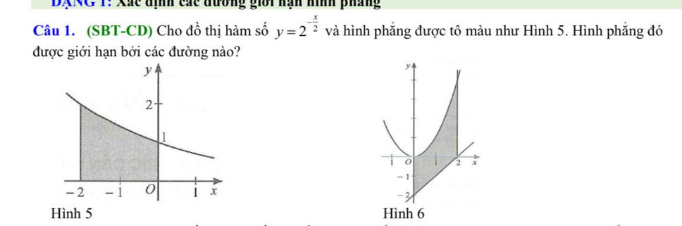 DANC 1: Xắc đình các đương giới nạn nình pháng 
Câu 1. (SBT-CD) Cho đồ thị hàm số y=2^(-frac x)2 và hình phẳng được tô màu như Hình 5. Hình phẳng đó 
được giới hạn bởi các đường nào? 
Hình 5