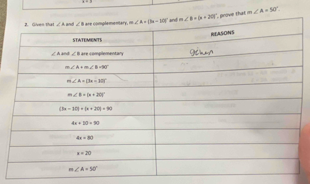 x=3
prove that m∠ A=50°.