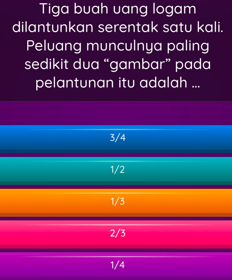 Tiga buah uang logam
dilantunkan serentak satu kali.
Peluang munculnya paling
sedikit dua “gambar” pada
pelantunan itu adalah ...
3/4
1/2
1/3
2/3
1/4