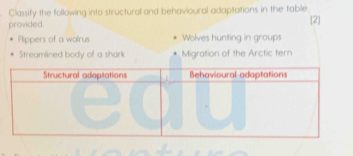 Classify the following into structural and behavioural adaptations in the table
provided.
[2]
Flippers of a walrus Wolves hunting in groups
Streamlined body of a shark Migration of the Arctic tern