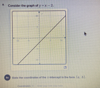 a Consider the graph of y=x-2. 
8 State the coordinates of the X-Intercept in the form (a,b). 
Coordinates = Enter your next step here