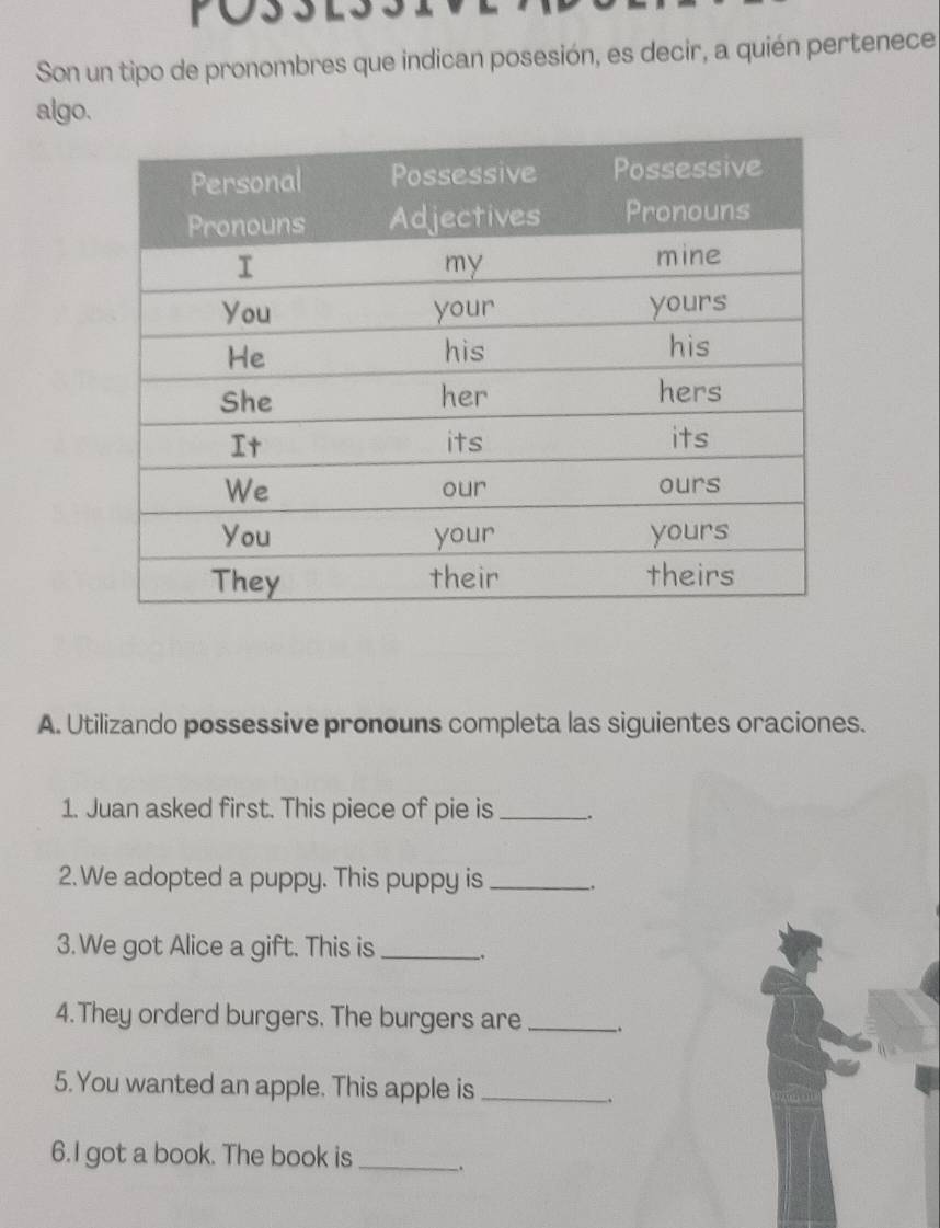 Son un tipo de pronombres que indican posesión, es decir, a quién pertenece 
algo. 
A. Utilizando possessive pronouns completa las siguientes oraciones. 
1. Juan asked first. This piece of pie is _. 
2. We adopted a puppy. This puppy is_ 
3. We got Alice a gift. This is _. 
4.They orderd burgers. The burgers are __. 
5. You wanted an apple. This apple is_ 
. 
6.I got a book. The book is __.