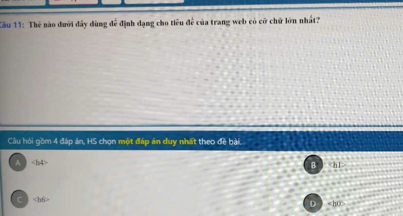 Cầu 11: Thẻ nào dưới đây dùng đề định dạng cho tiêu đề của trang web có cỡ chữ lớn nhất?
Câu hỏi gồm 4 đáp án, HS chọn một đáp án duy nhất theo đề bài.
A ∠ h4>
B
C ∠ h6>
D ∠ h0