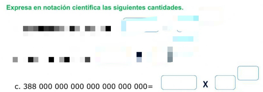 Expresa en notación científica las siguientes cantidades. 
C. 3880000000000000000000=□ * □^(□)