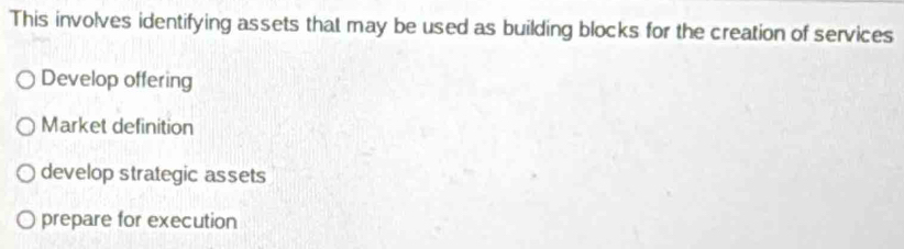 This involves identifying assets that may be used as building blocks for the creation of services
Develop offering
Market definition
develop strategic assets
prepare for execution