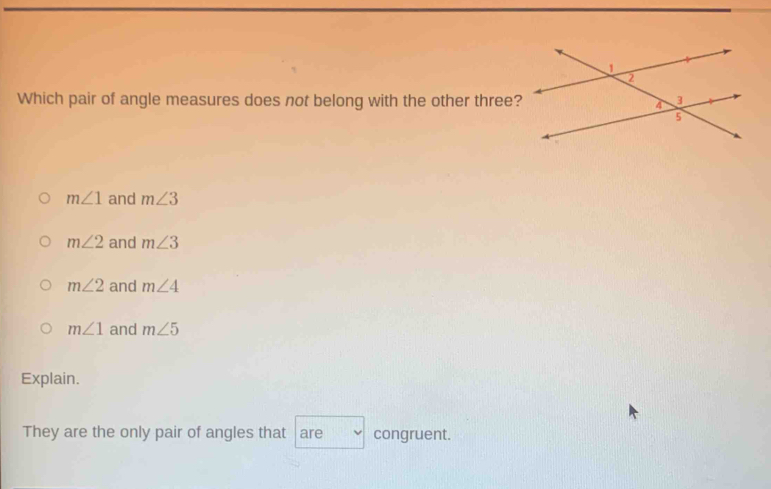 Which pair of angle measures does not belong with the other three
m∠ 1 and m∠ 3
m∠ 2 and m∠ 3
m∠ 2 and m∠ 4
m∠ 1 and m∠ 5
Explain.
They are the only pair of angles that are congruent.