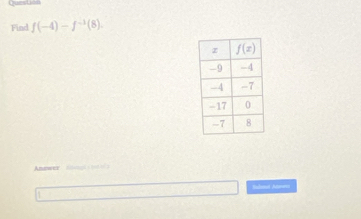 Find f(-4)-f^(-1)(8).
Anawer Snl    
Iabeat Aren